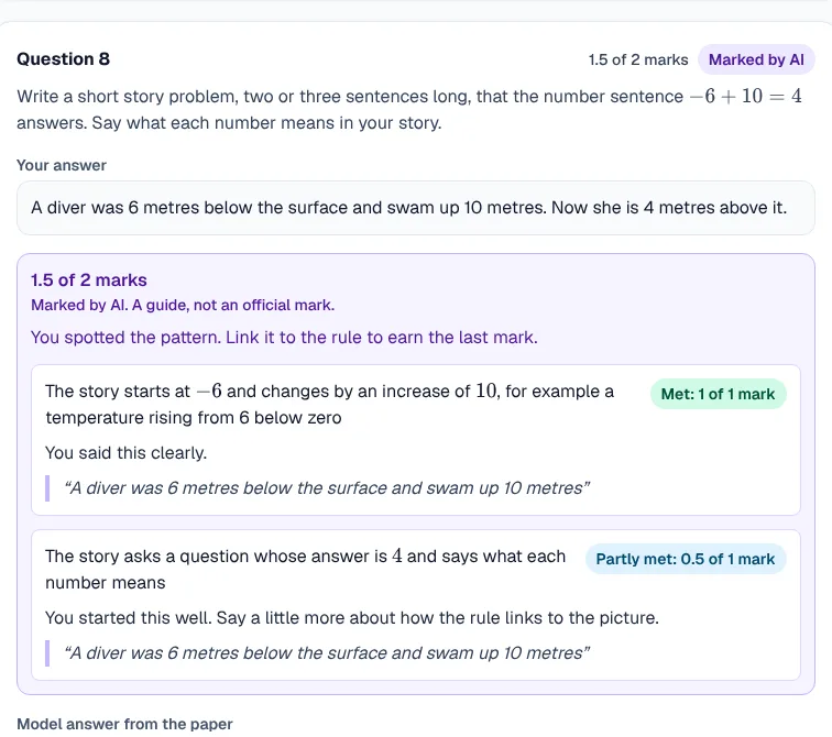 The review of a written answer: a short story problem, the child's answer, then each marking criterion with whether it was met, why, and the child's own words quoted.