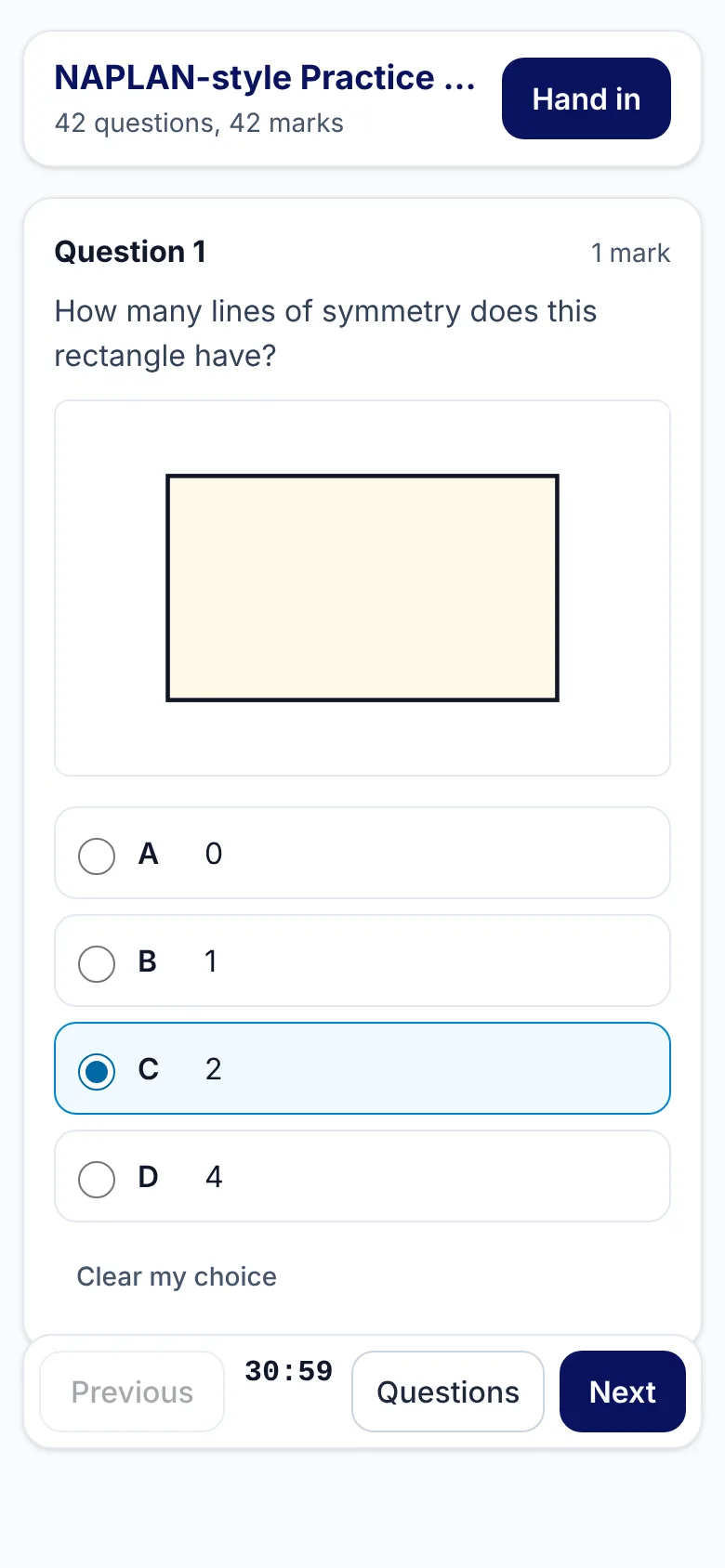 The same paper on a phone, one question at a time with Previous and Next at the bottom.