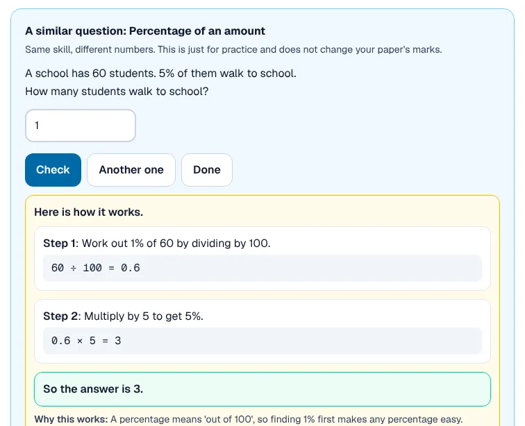 Under a maths question in the review: a similar percentage question with new numbers, then the working shown one step at a time and why it works.