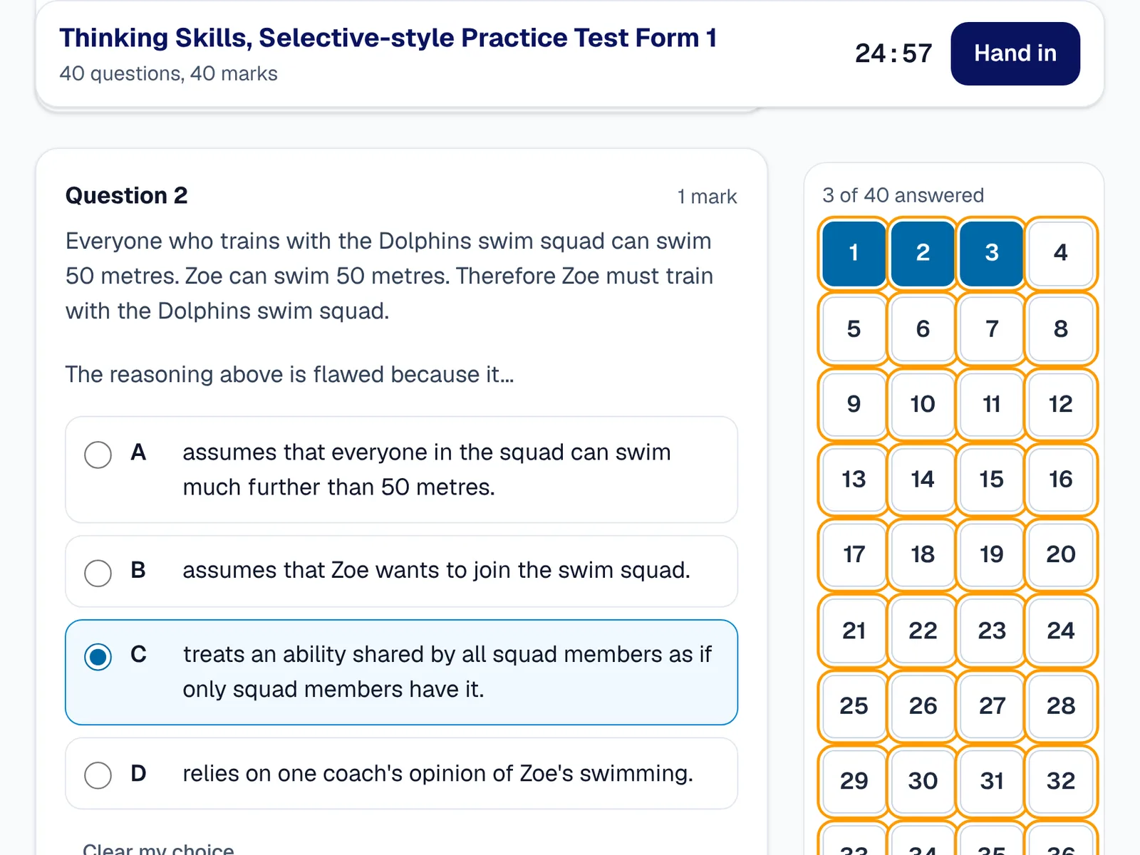 A Selective Thinking Skills paper on a tablet.