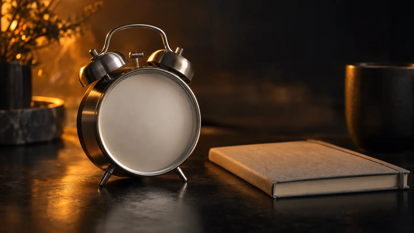 An alarm clock beside a closed notebook in amber light.
