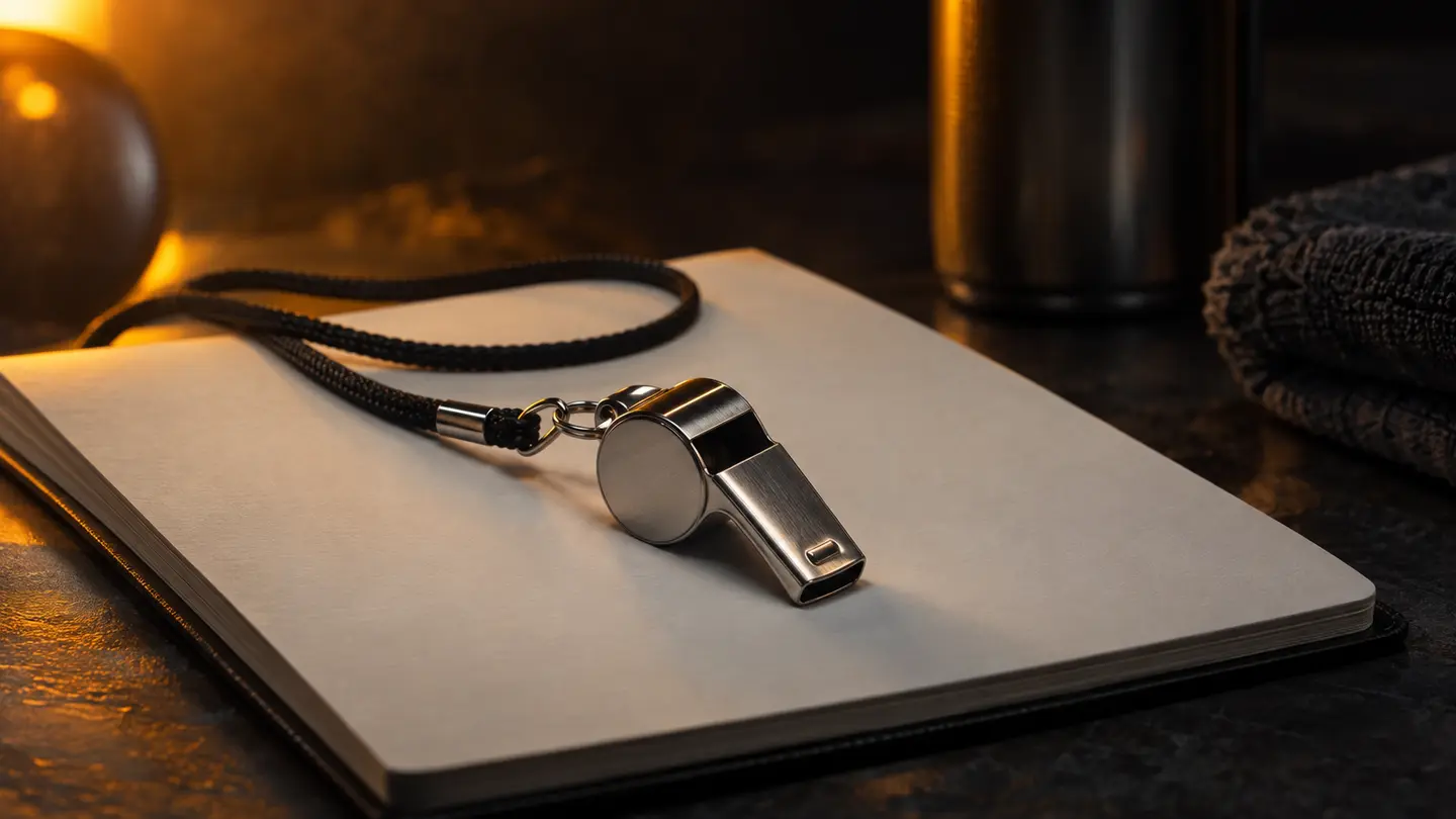A silver whistle on a practice booklet in amber light.