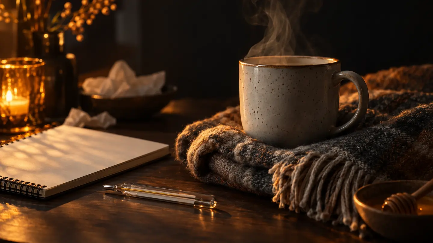 A thermometer and mug on a blanket in amber light.