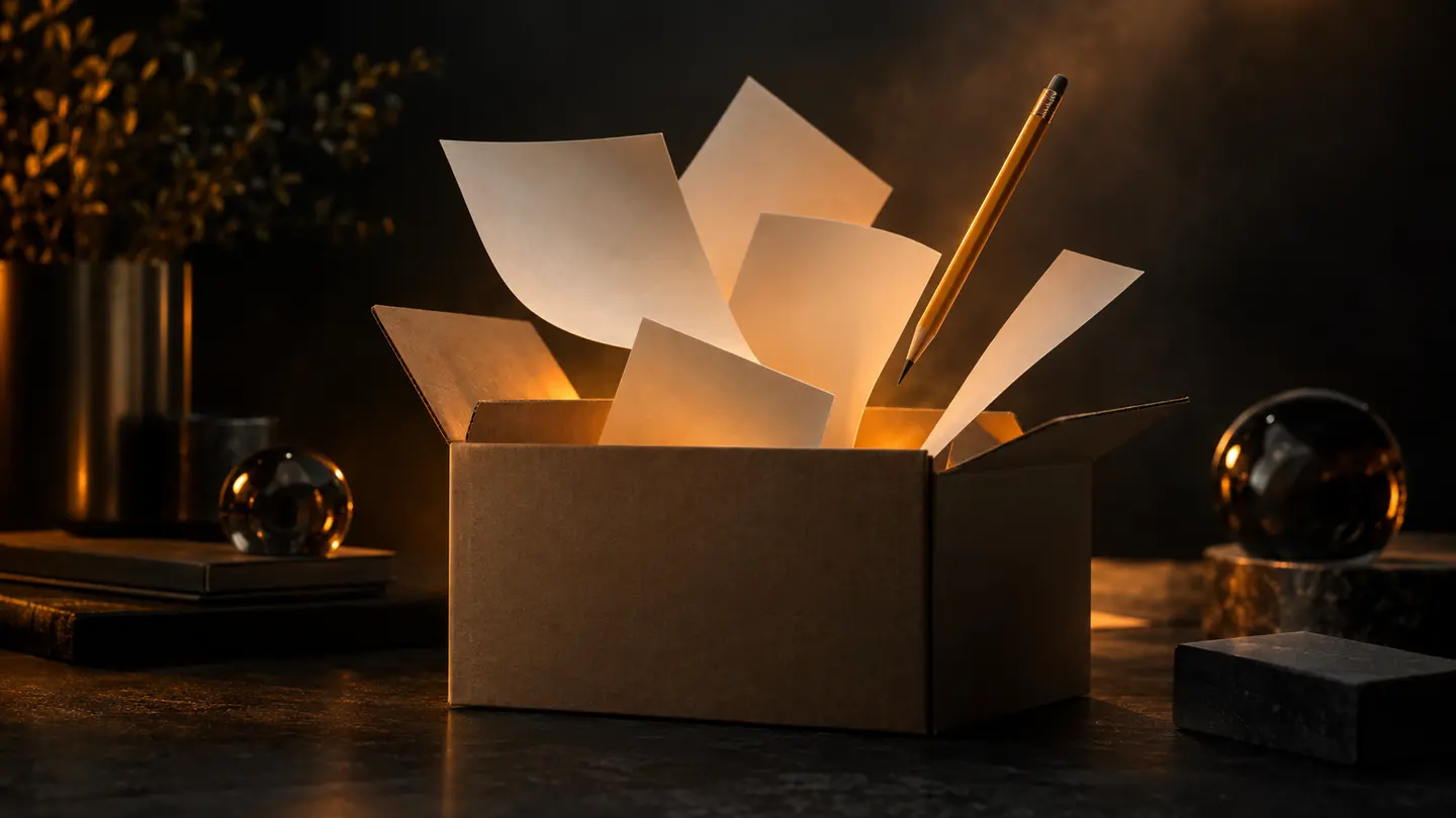 An open box of blank practice sheets in amber light.