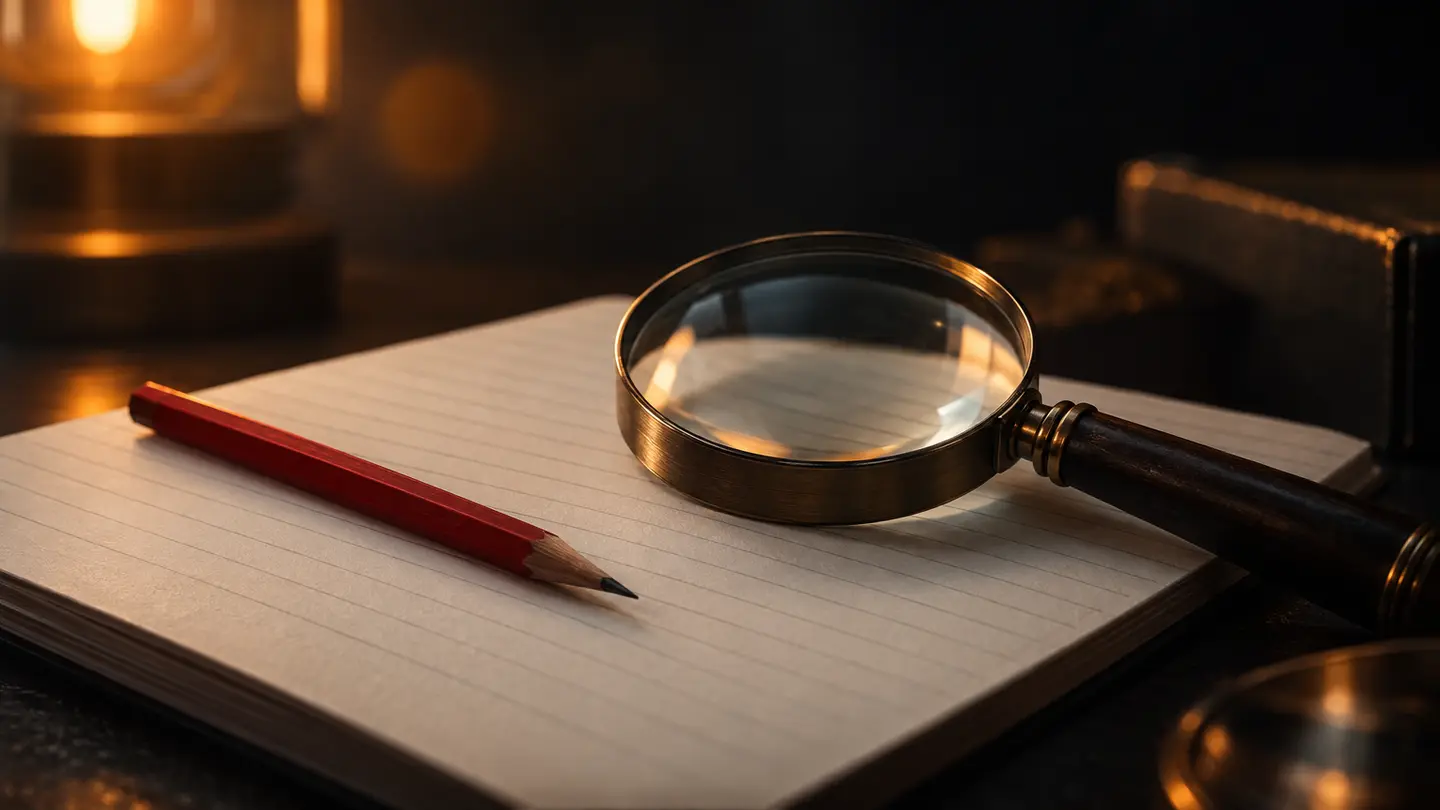 A red pencil and magnifier on a lined page in amber light.