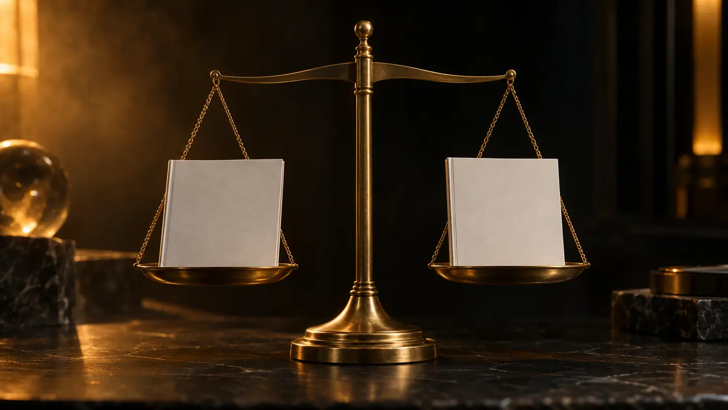 A balance scale holding two booklets in warm amber light.