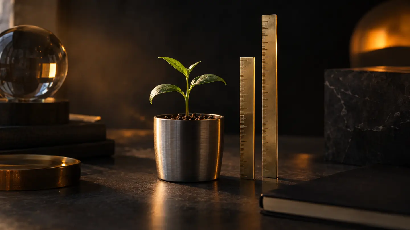 A seedling beside two rulers in amber light.
