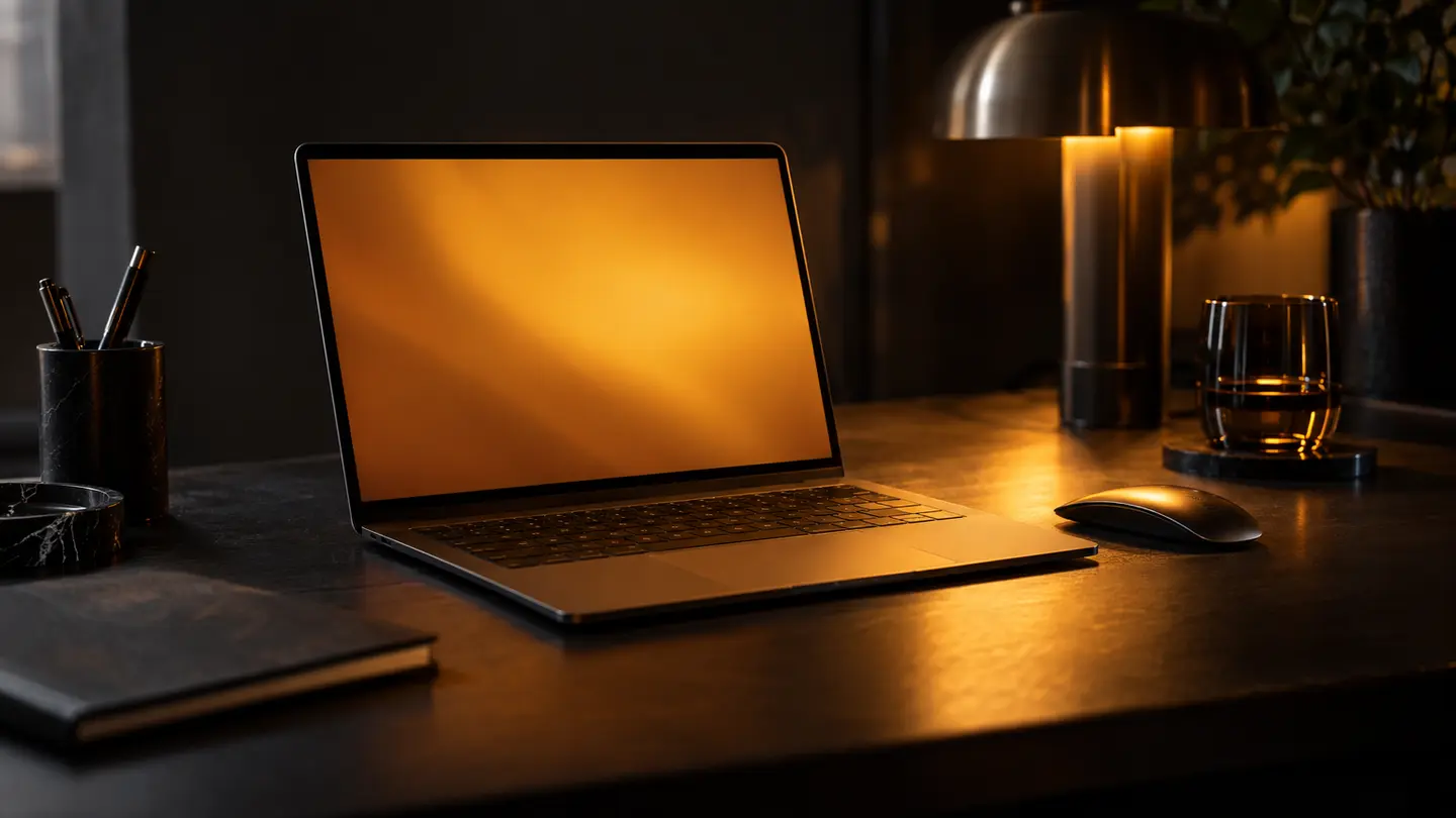 A laptop with a glowing screen in amber light.