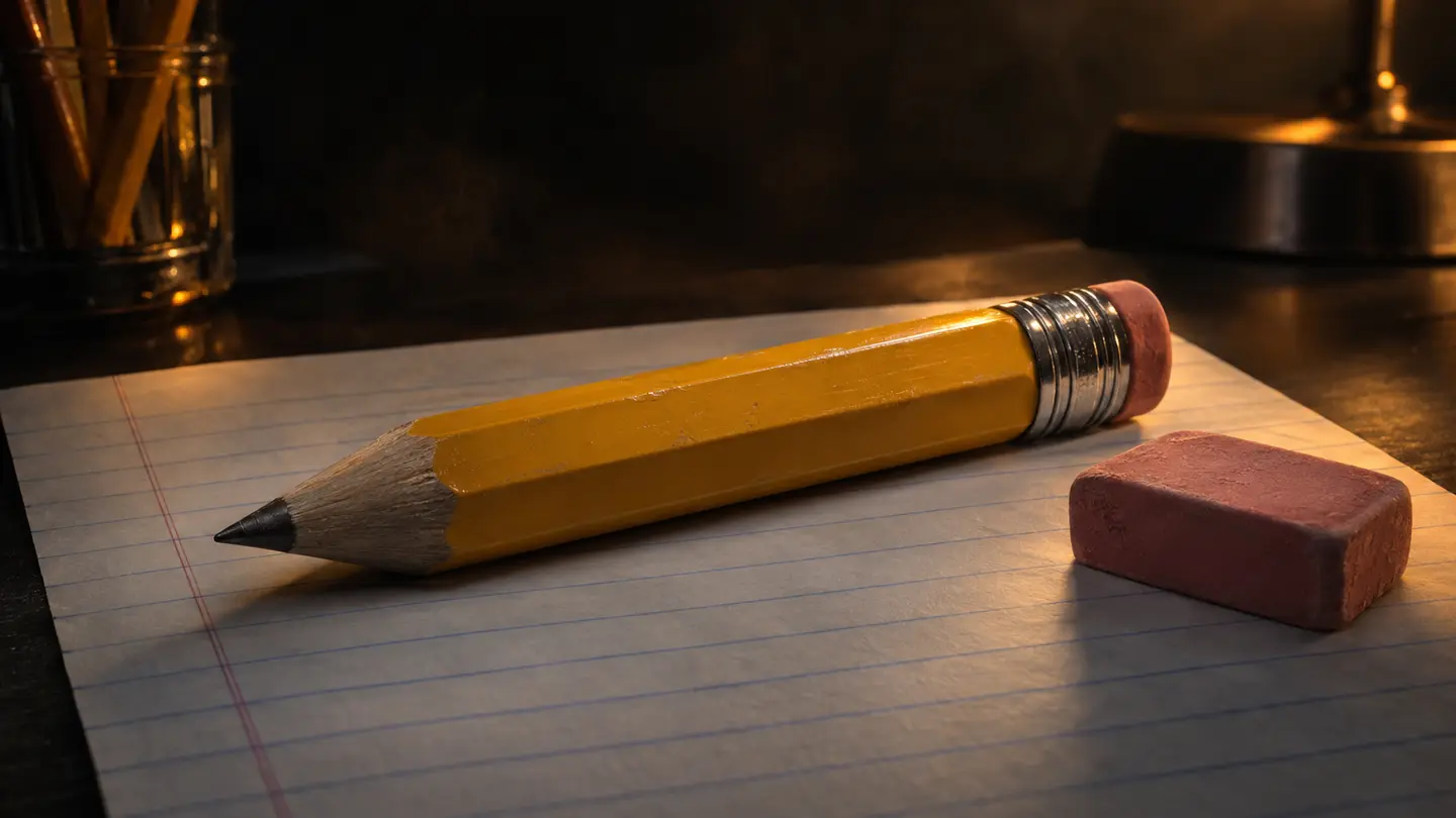 A thick pencil on wide-ruled paper in amber light.