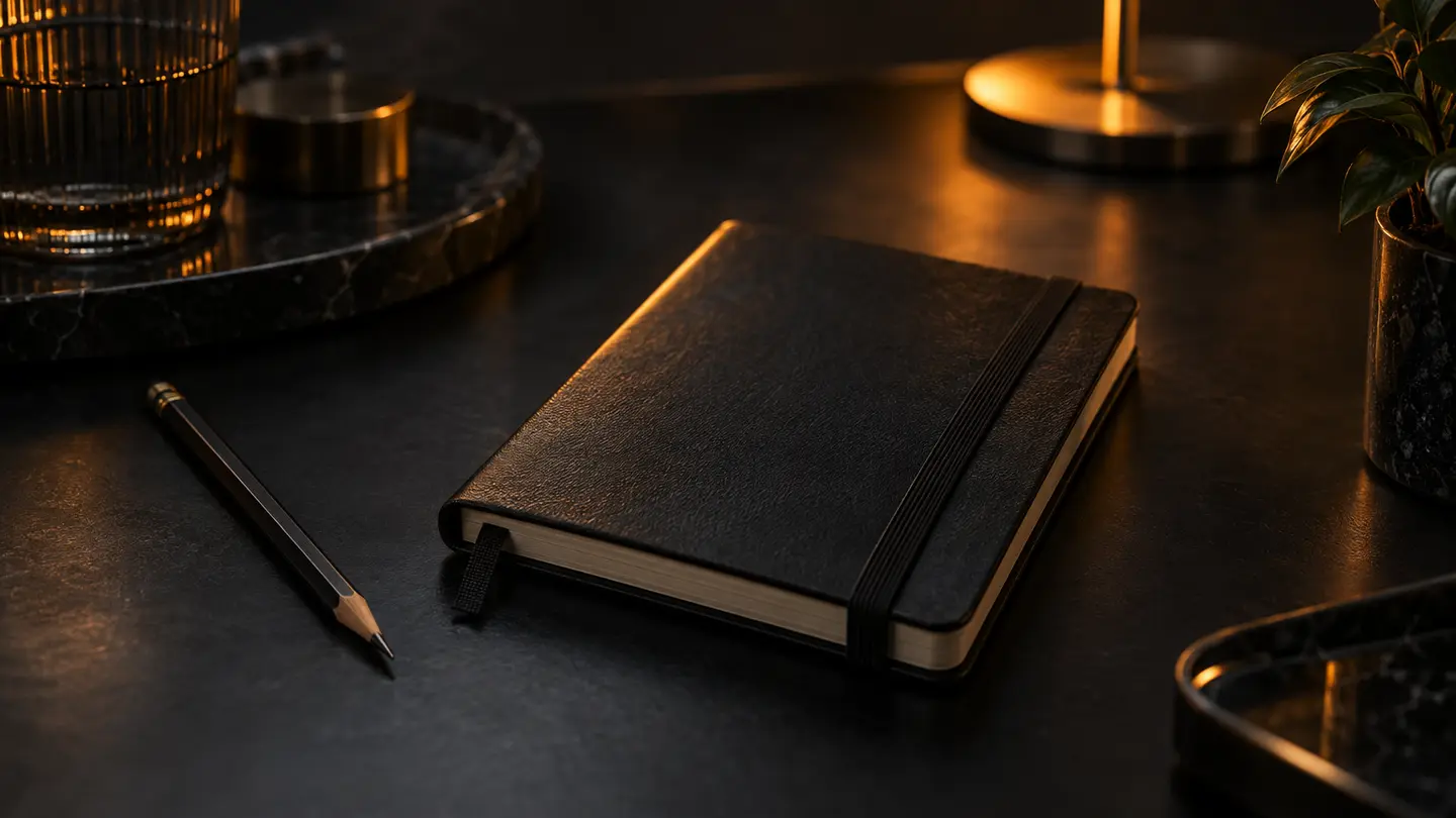 A pocket diary and pencil in warm amber light.