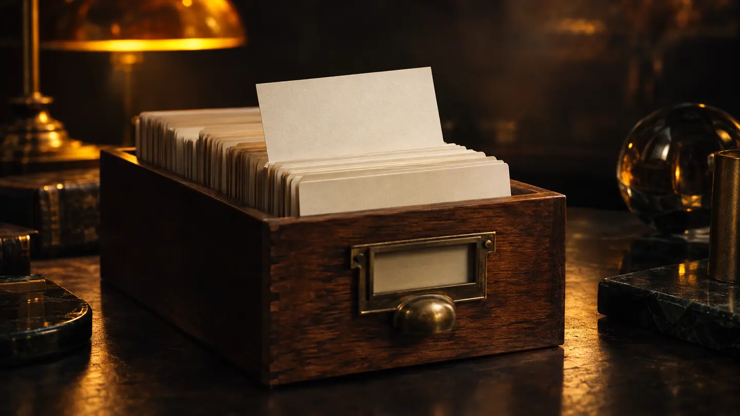 A tray of blank index cards in warm amber light.