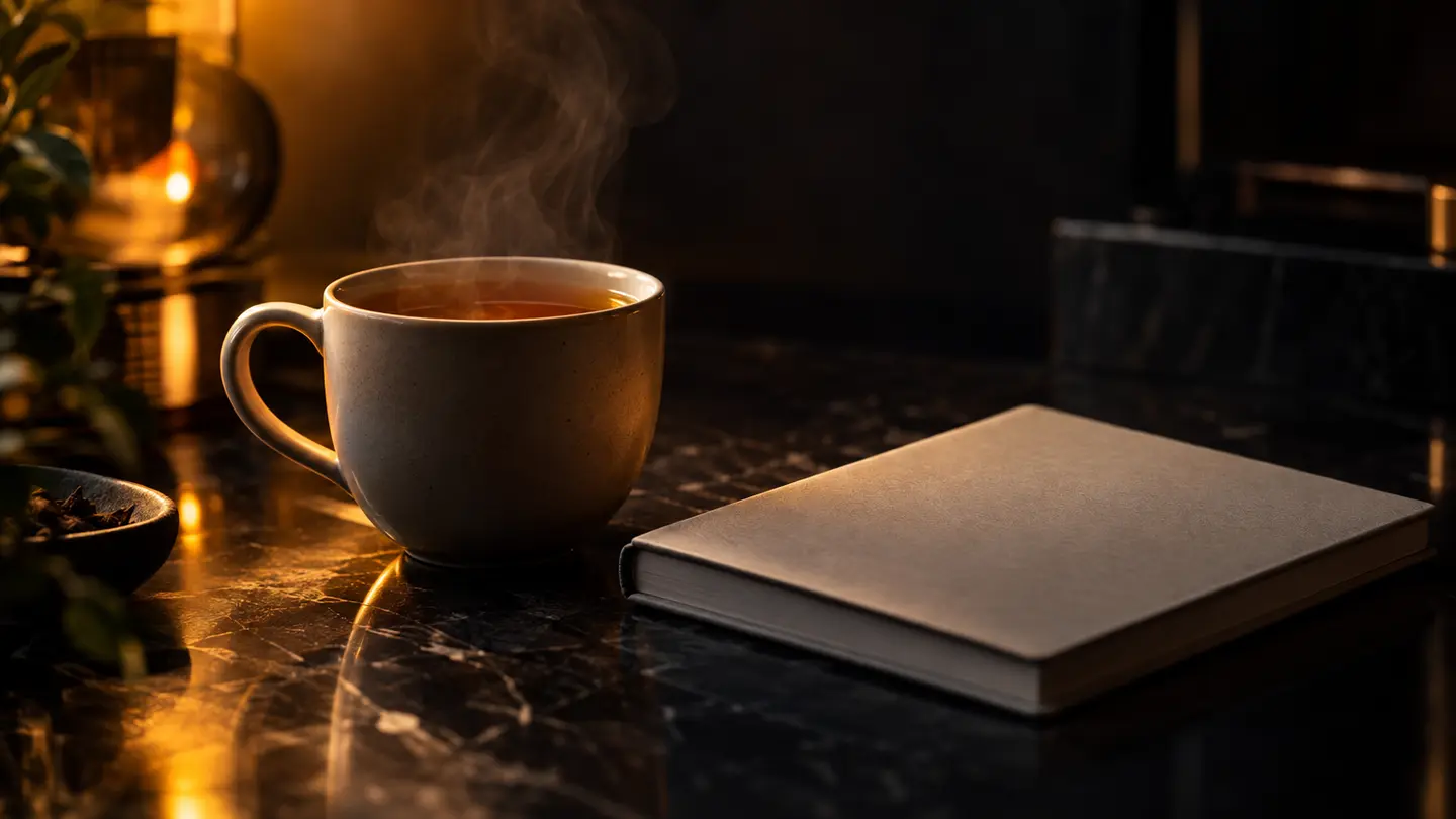 A mug of tea beside a guide booklet in warm amber light.