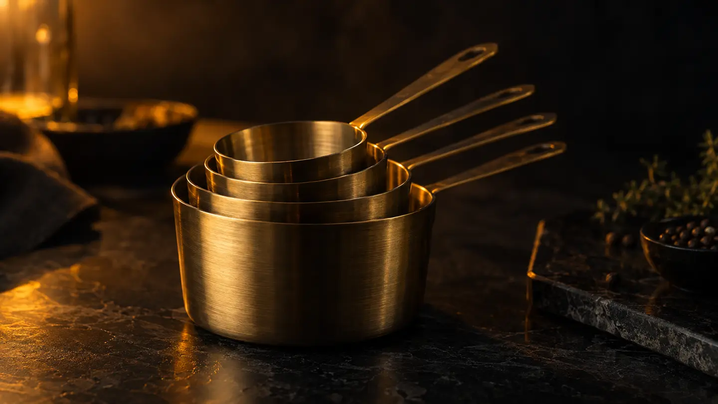 Four graduated brass measuring cups in warm amber light.