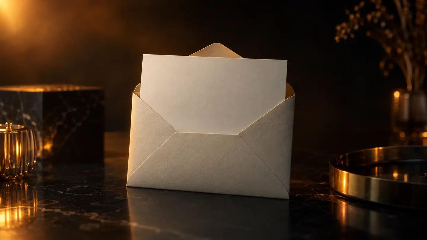An envelope with a letter half out in warm amber light.