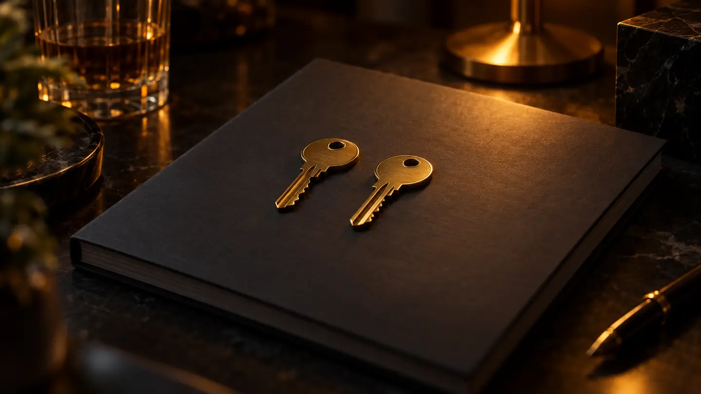 Two brass keys on a booklet in amber light.