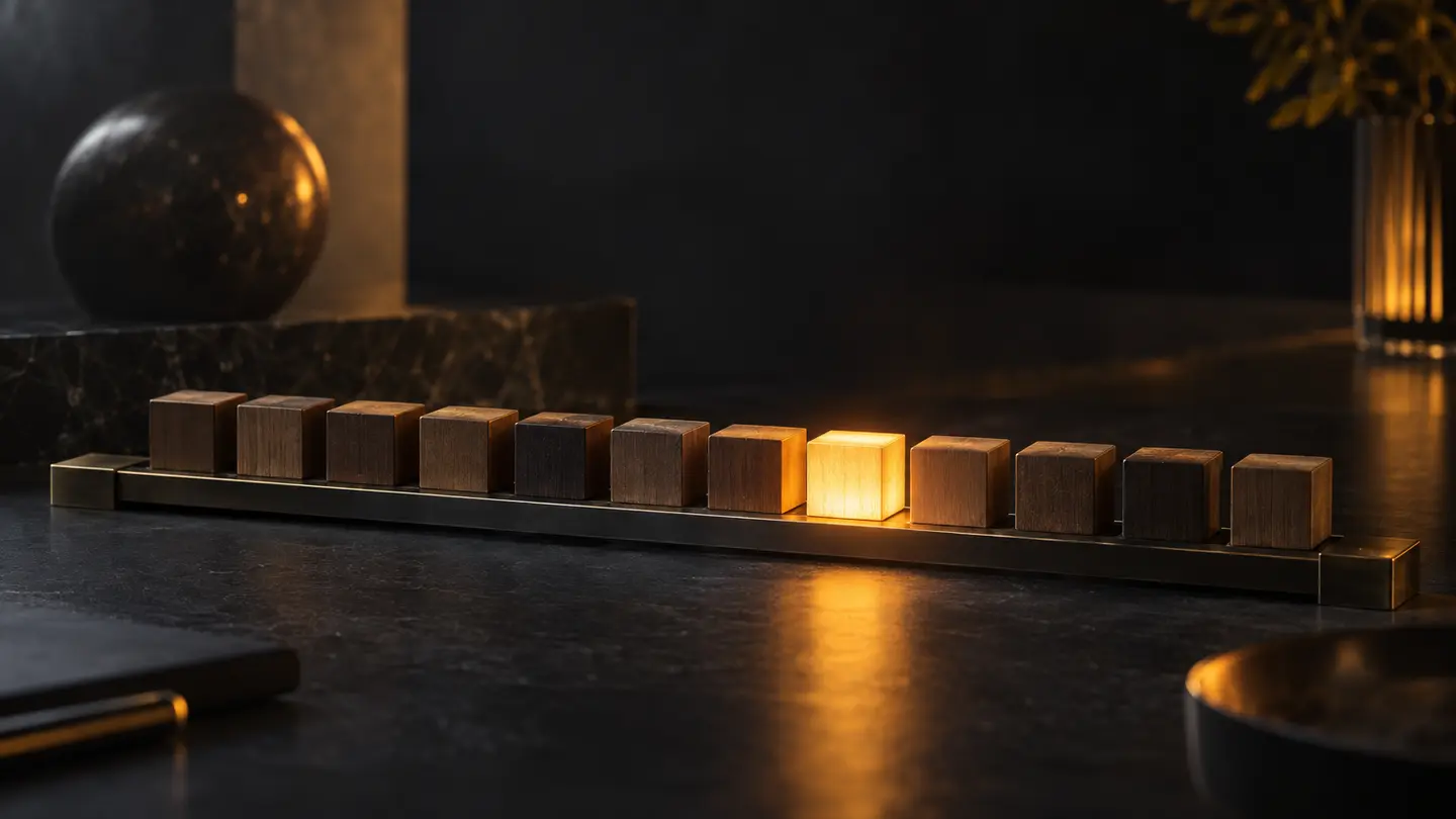 A row of twelve blocks, one glowing in warm amber light.