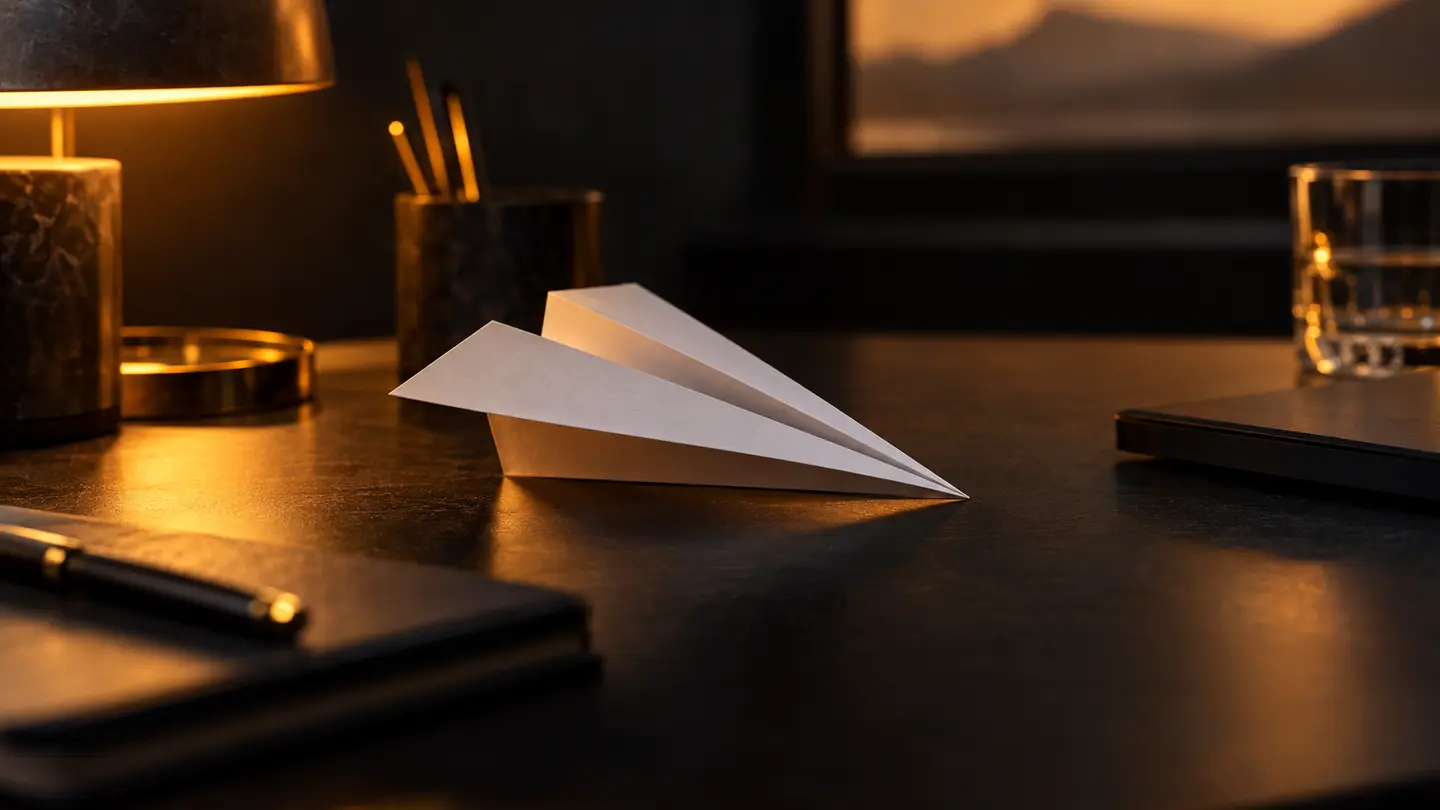 A paper aeroplane in warm amber light.