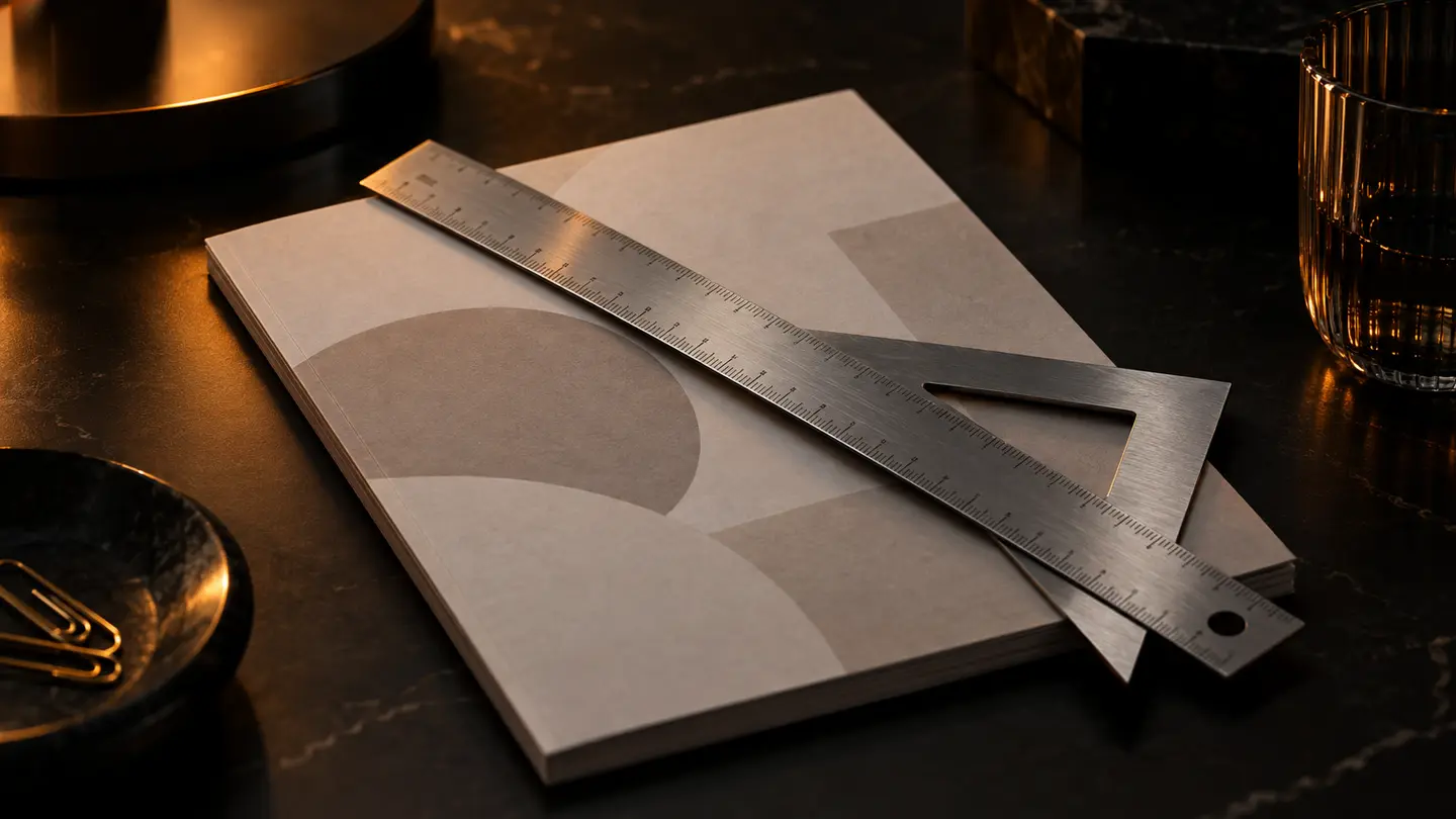 A ruler and set square across a practice booklet in amber light.