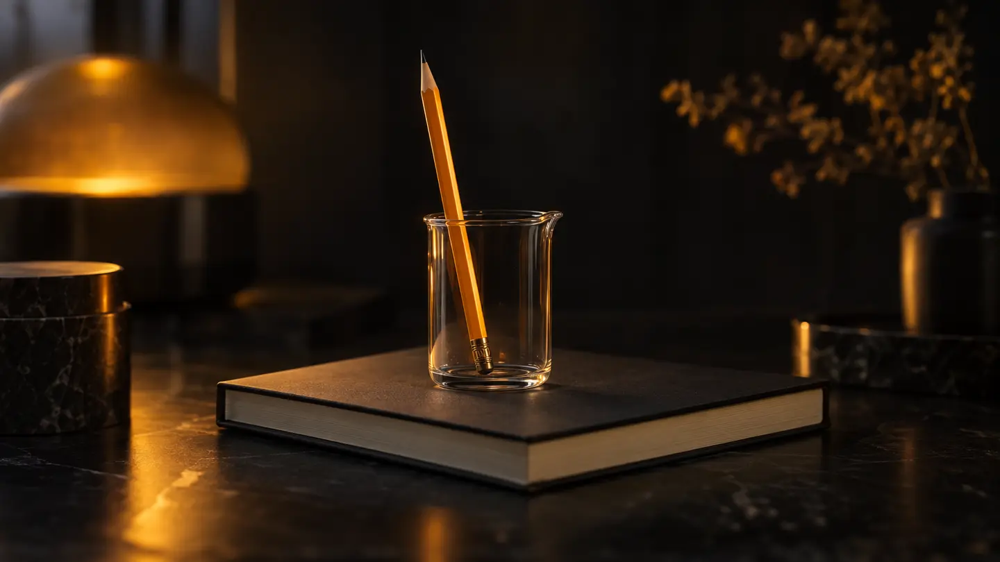 A pencil in a glass beaker on a notebook, lit in amber.
