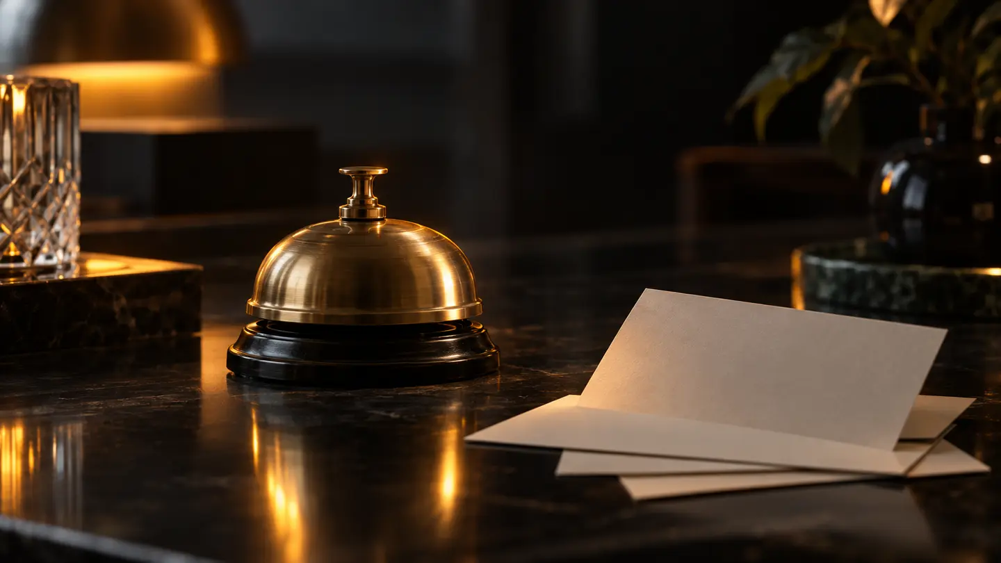 A brass desk bell and blank cards in warm amber light.