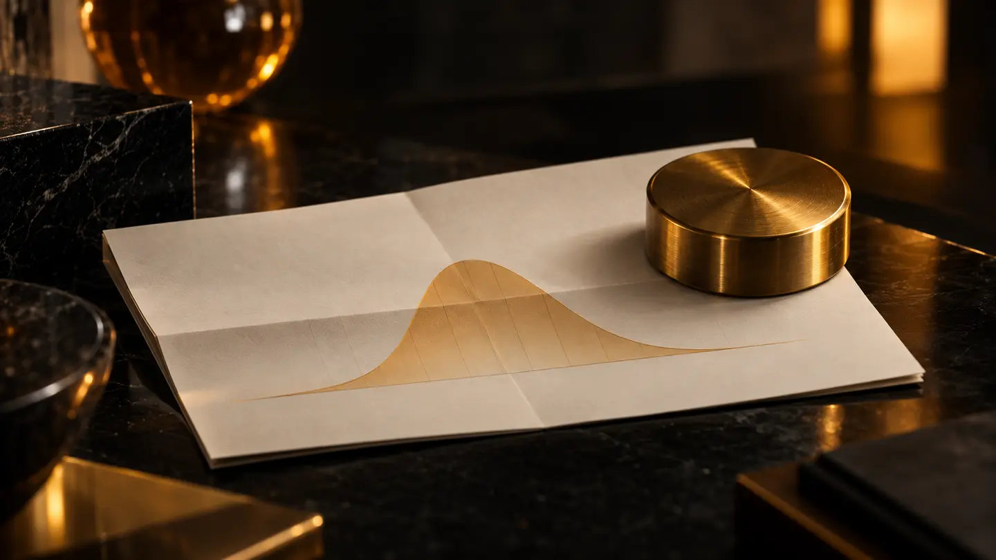 A report sheet with a bell curve under a paperweight in warm amber light.