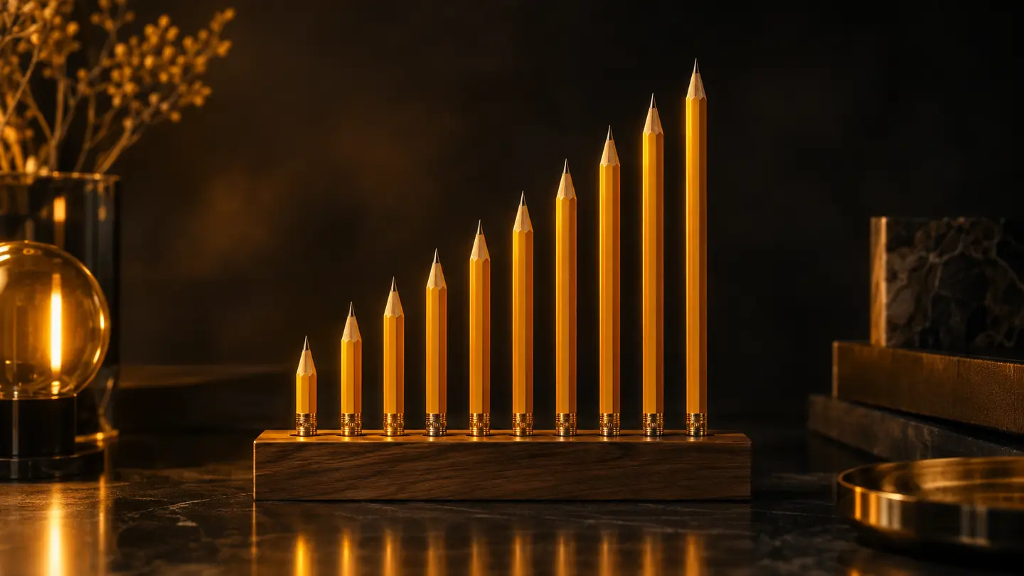Coloured pencils standing in height order in warm amber light.