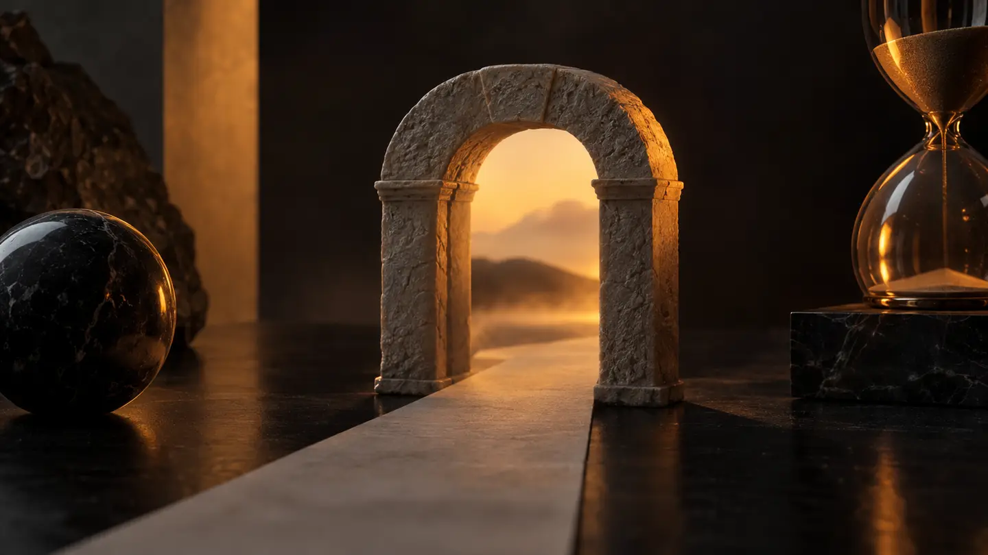 A miniature archway with a path in warm amber light.