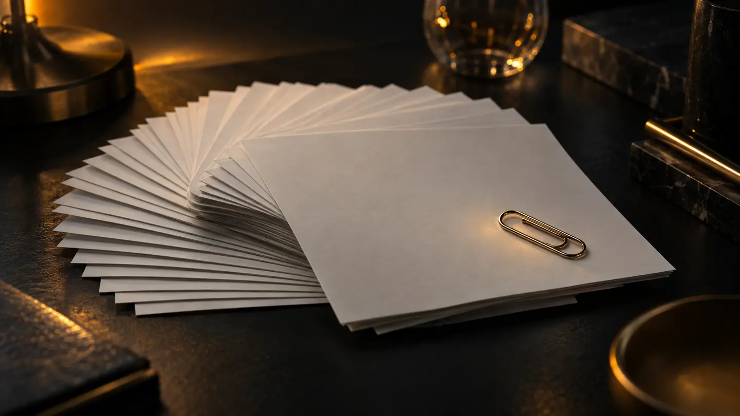 A fan of blank test sheets with a brass paperclip, lit in amber.