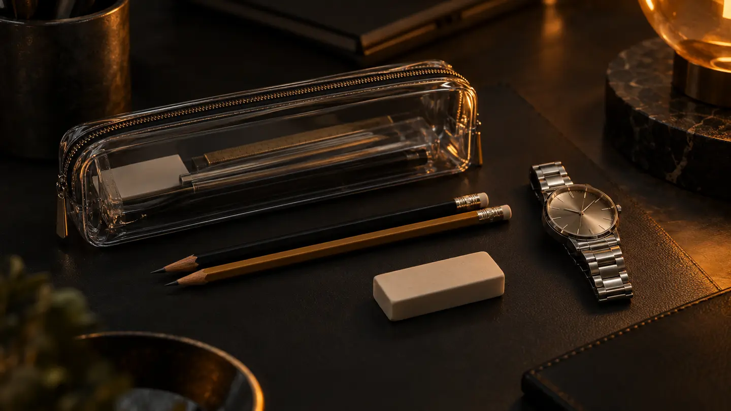 Pencils, eraser and a wristwatch laid out neatly, lit in amber.