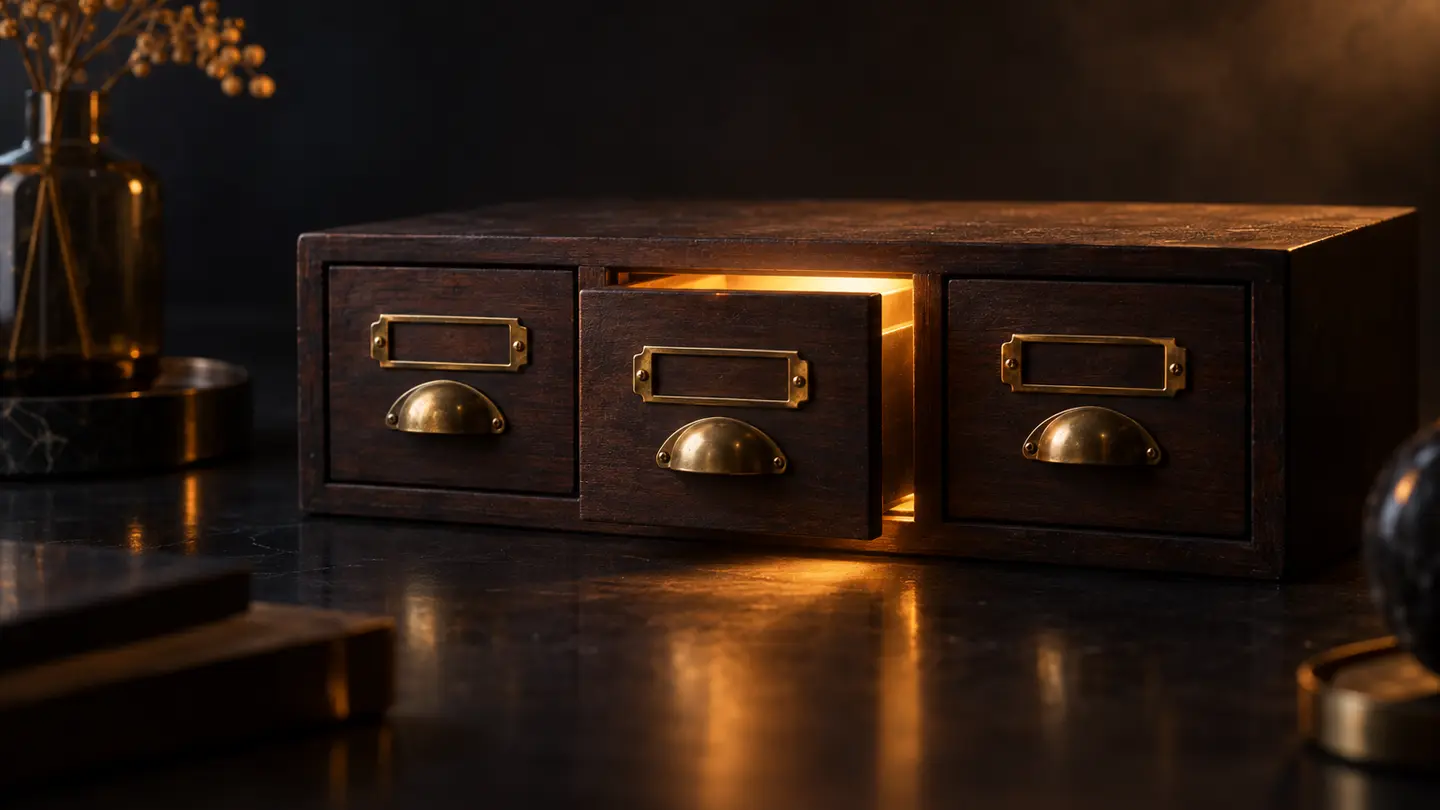 Three drawers, one slightly open, in amber light.
